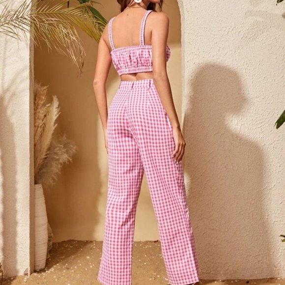 Gingham Plaid Print Cami Top with matching Pants Slit Hem Pink - Picture 5 of 5